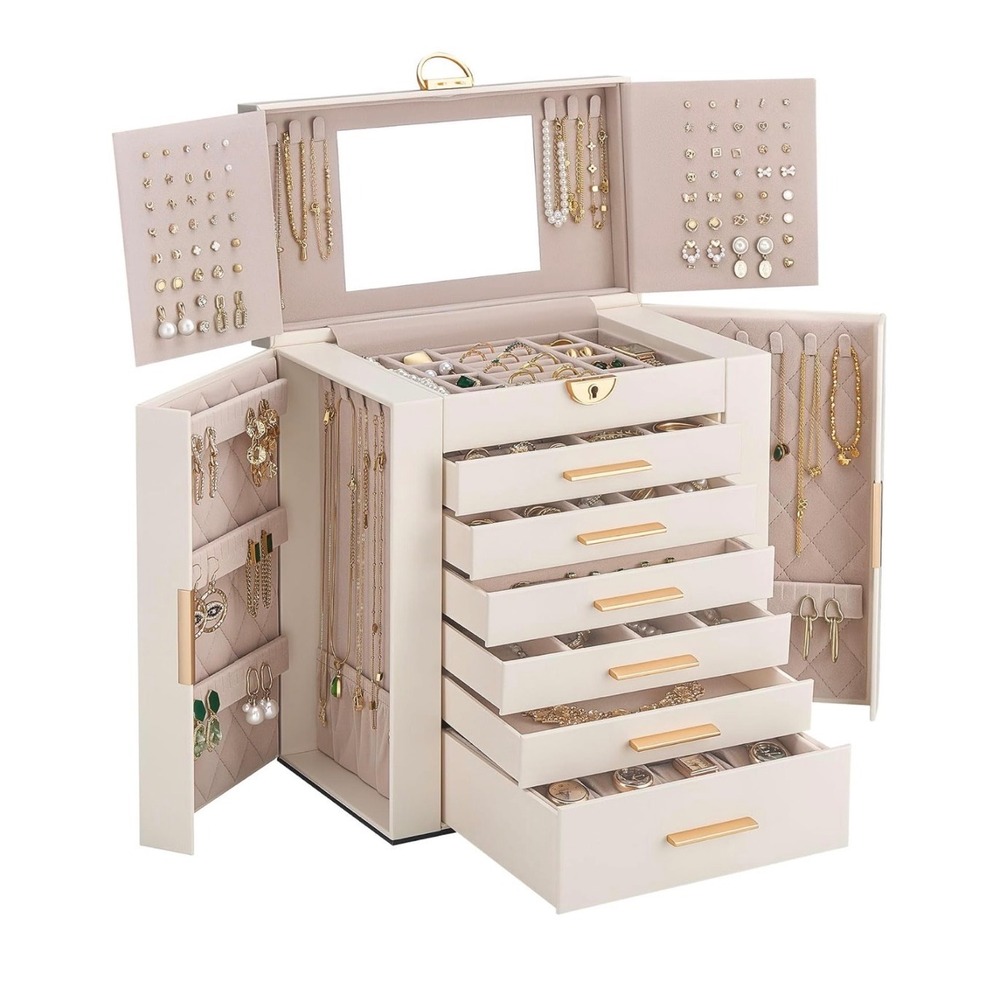 LolaLet 7 Layer Large Jewelry Box Organizer 6 Drawers Lockable Gold Cream